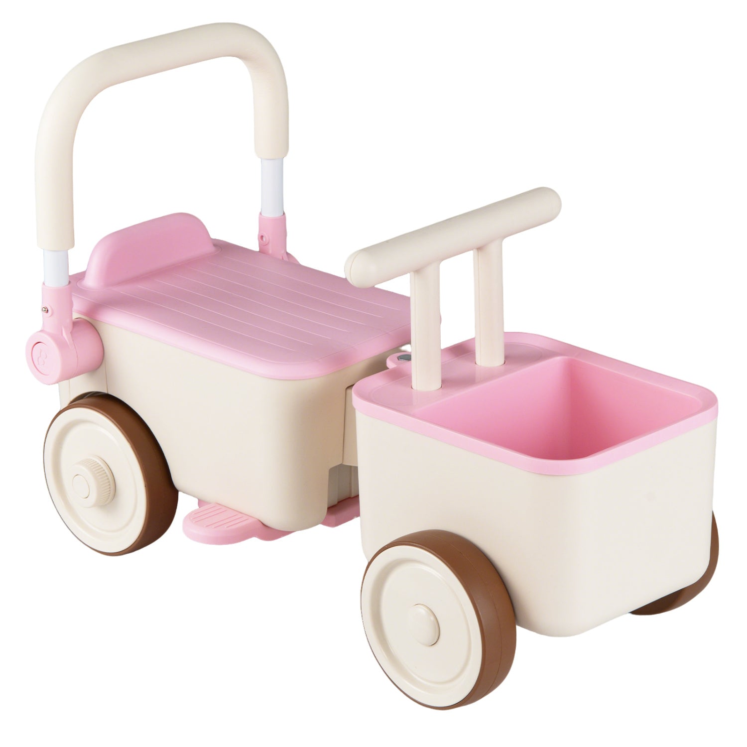 Pink and beige toy push cart with a small basket on a white background