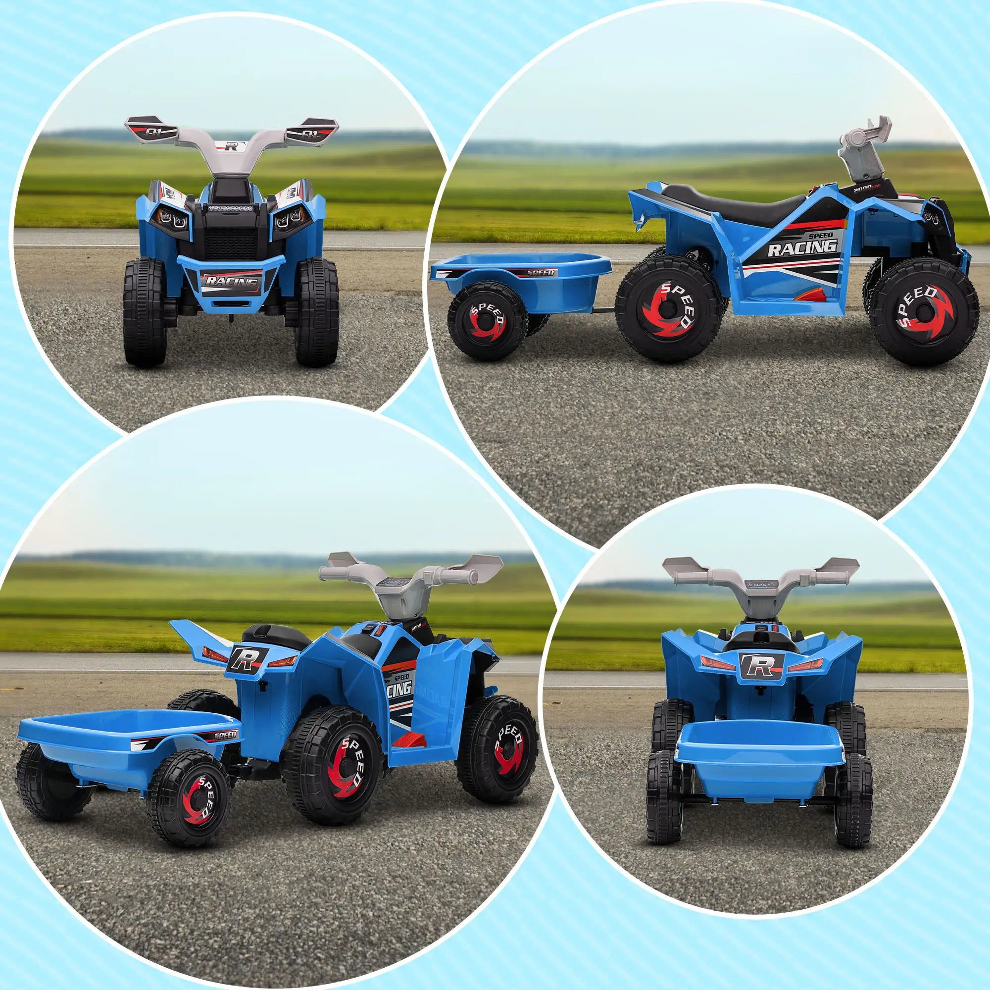 Collage of a blue toy ATV with a trailer on a road.