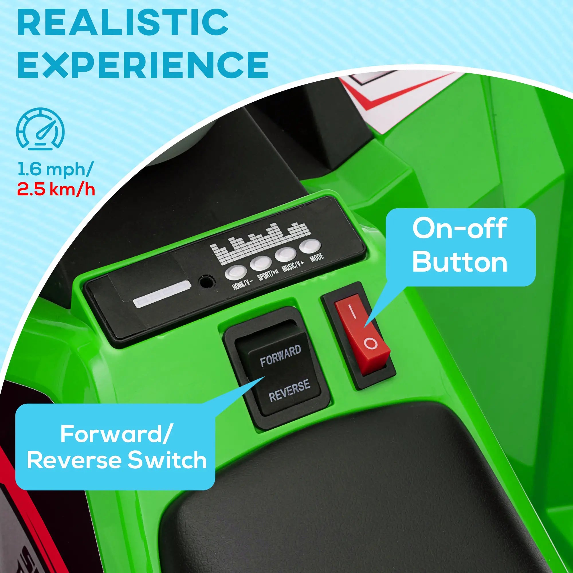 Control panel of a toy vehicle with on-off button and forward/reverse switch, labeled 'Realistic Experience'.