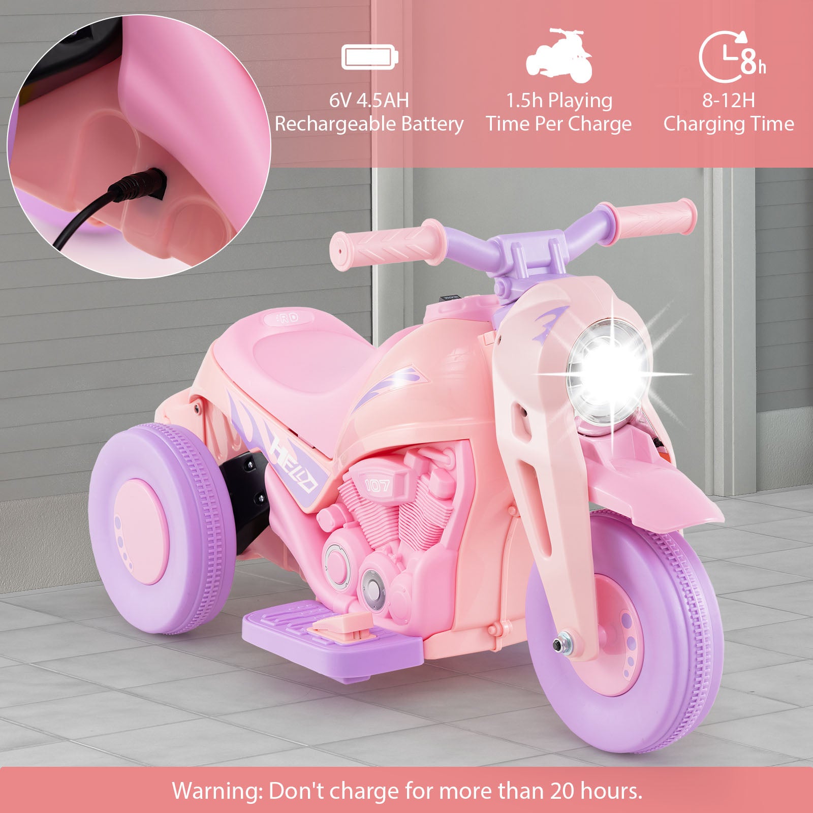 Pink and purple toy motorcycle with charging details on a gray floor.