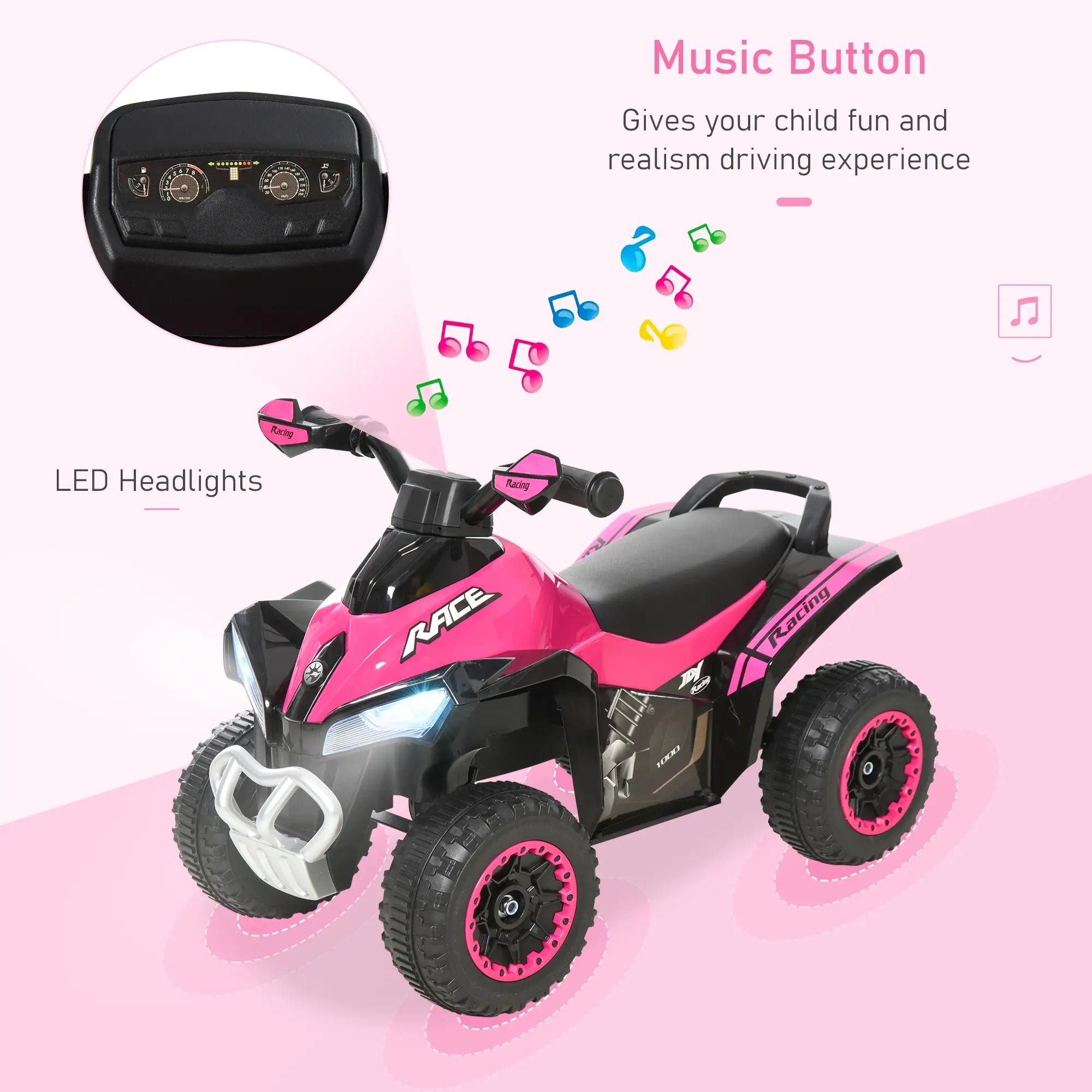 Pink and black toy ATV with LED headlights and music button on a pink background