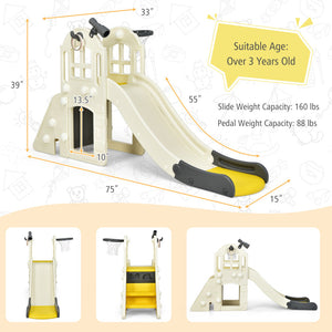 Children's slide with measurements and capacity details on a white background