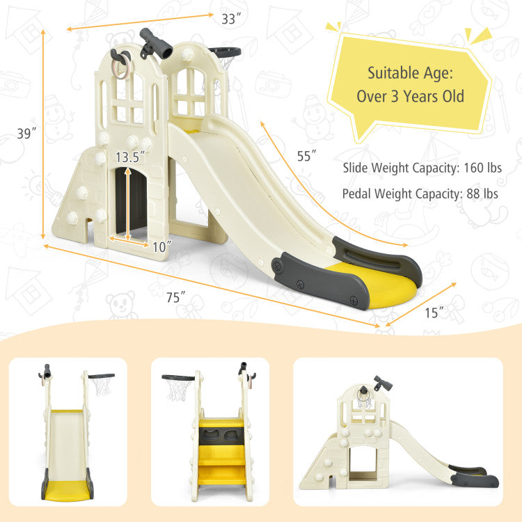 Children's slide with measurements and capacity details on a white background