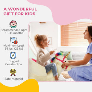 Child sitting on a unicorn toy with a woman, surrounded by product features and safety information.