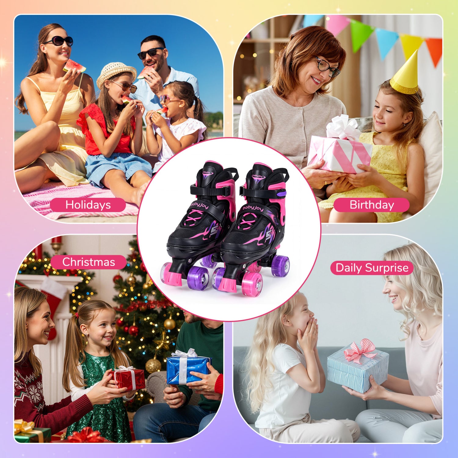 Collage of a family enjoying holidays, a birthday celebration, Christmas, and daily life moments with gift-giving.