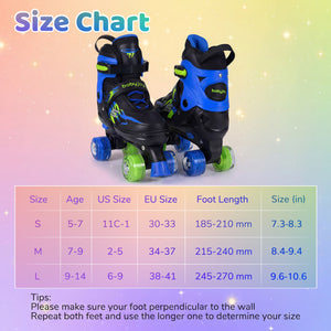 Size chart for roller skates with a colorful gradient background