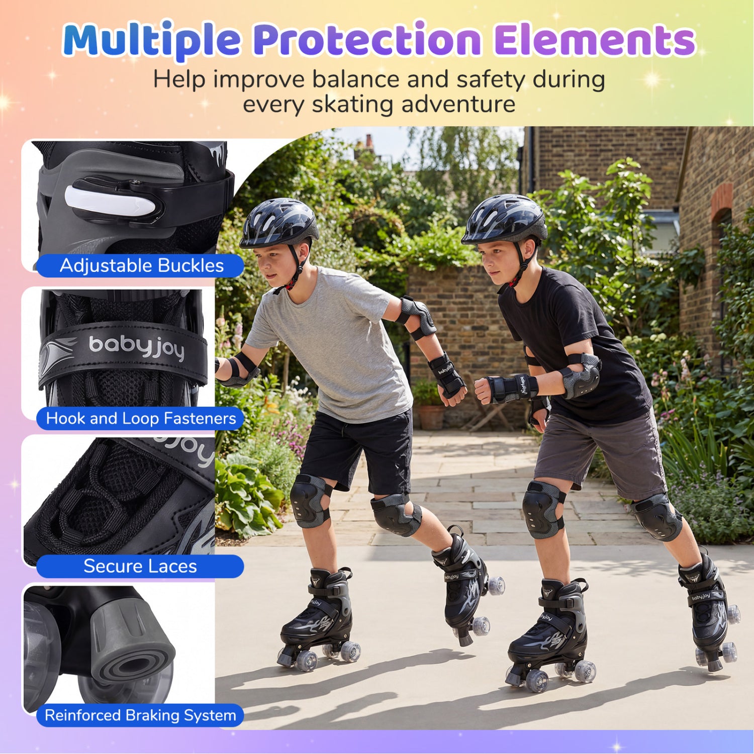 Two children rollerblading outdoors with safety gear, surrounded by text about protection elements.
