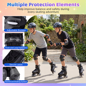 Two children rollerblading outdoors with safety gear, surrounded by text about protection elements.