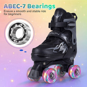 Black roller skate with ABEC-7 bearings on a colorful gradient background