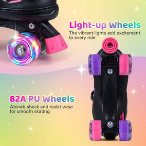 Black roller skates with light-up wheels on a colorful background