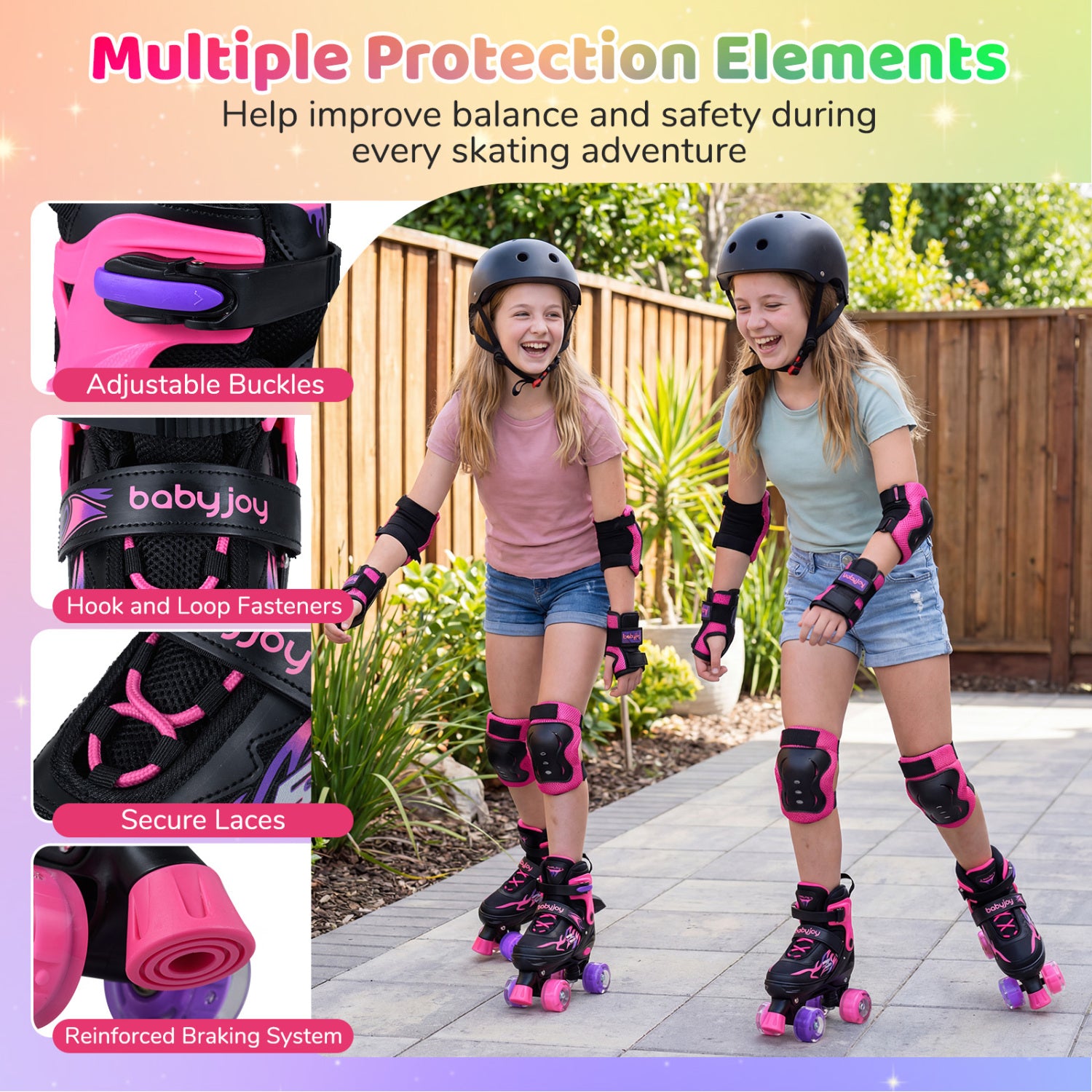 Two children wearing pink roller skates with safety gear, surrounded by text highlighting features.