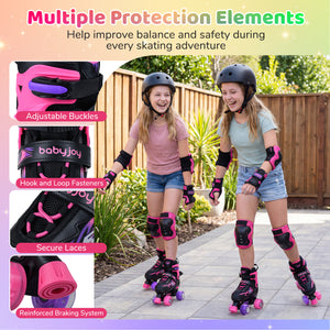Two children wearing pink roller skates with safety gear, surrounded by text highlighting features.
