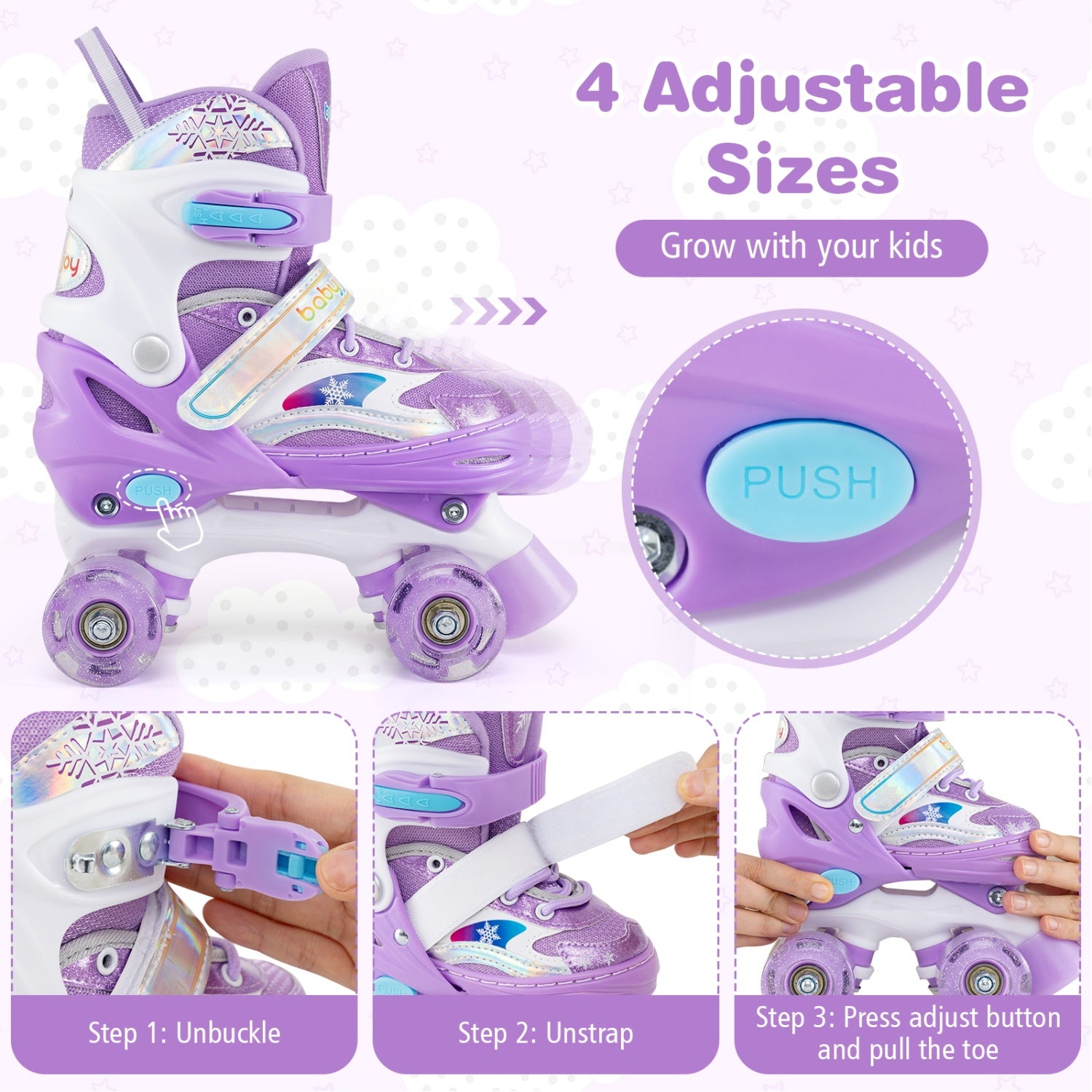 Purple adjustable roller skates with instructions on how to use them, on a white background.