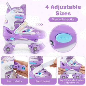 Purple adjustable roller skates with instructions on how to use them, on a white background.