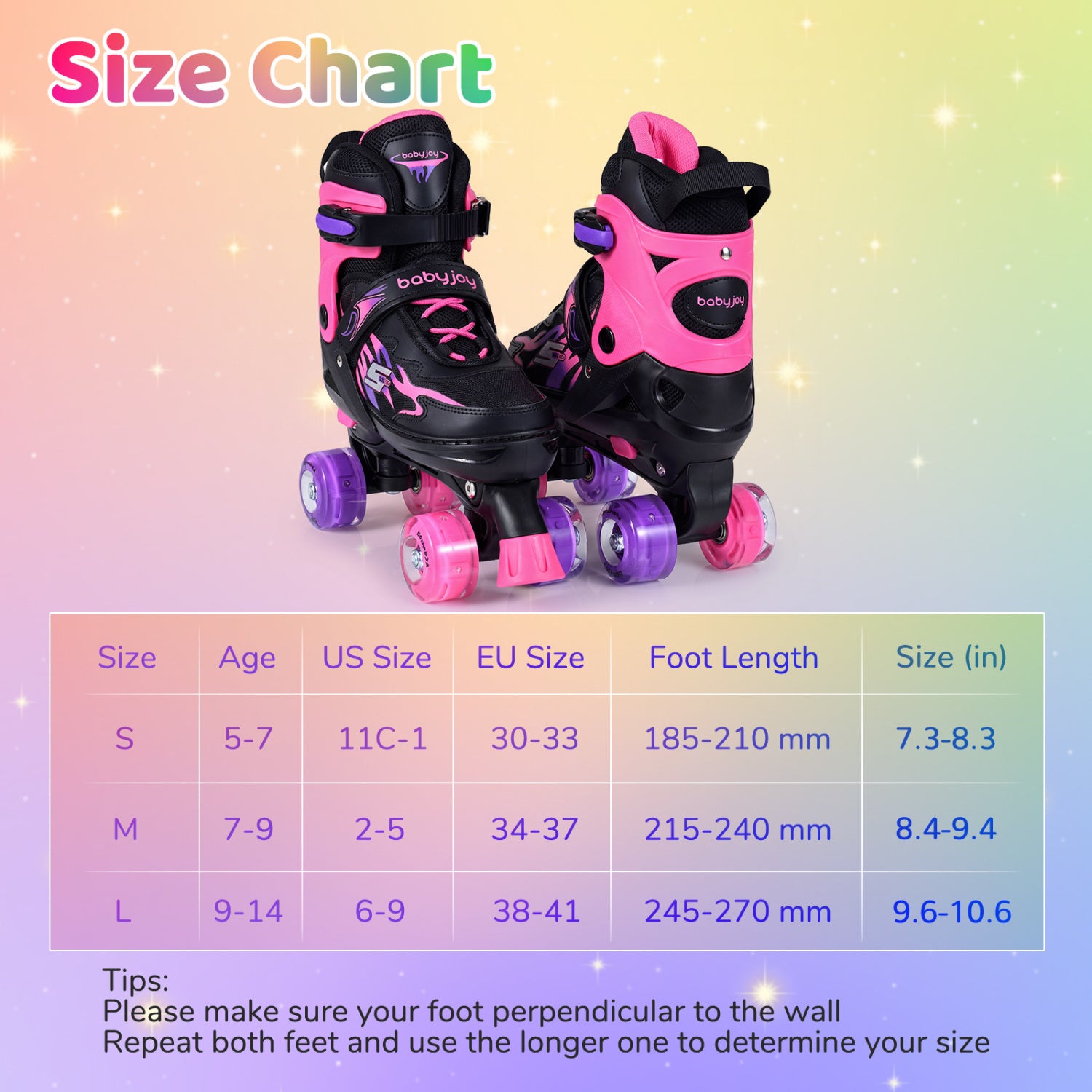 Pink and black roller skates with a size chart on a colorful background