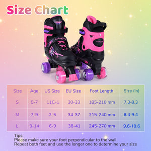 Pink and black roller skates with a size chart on a colorful background