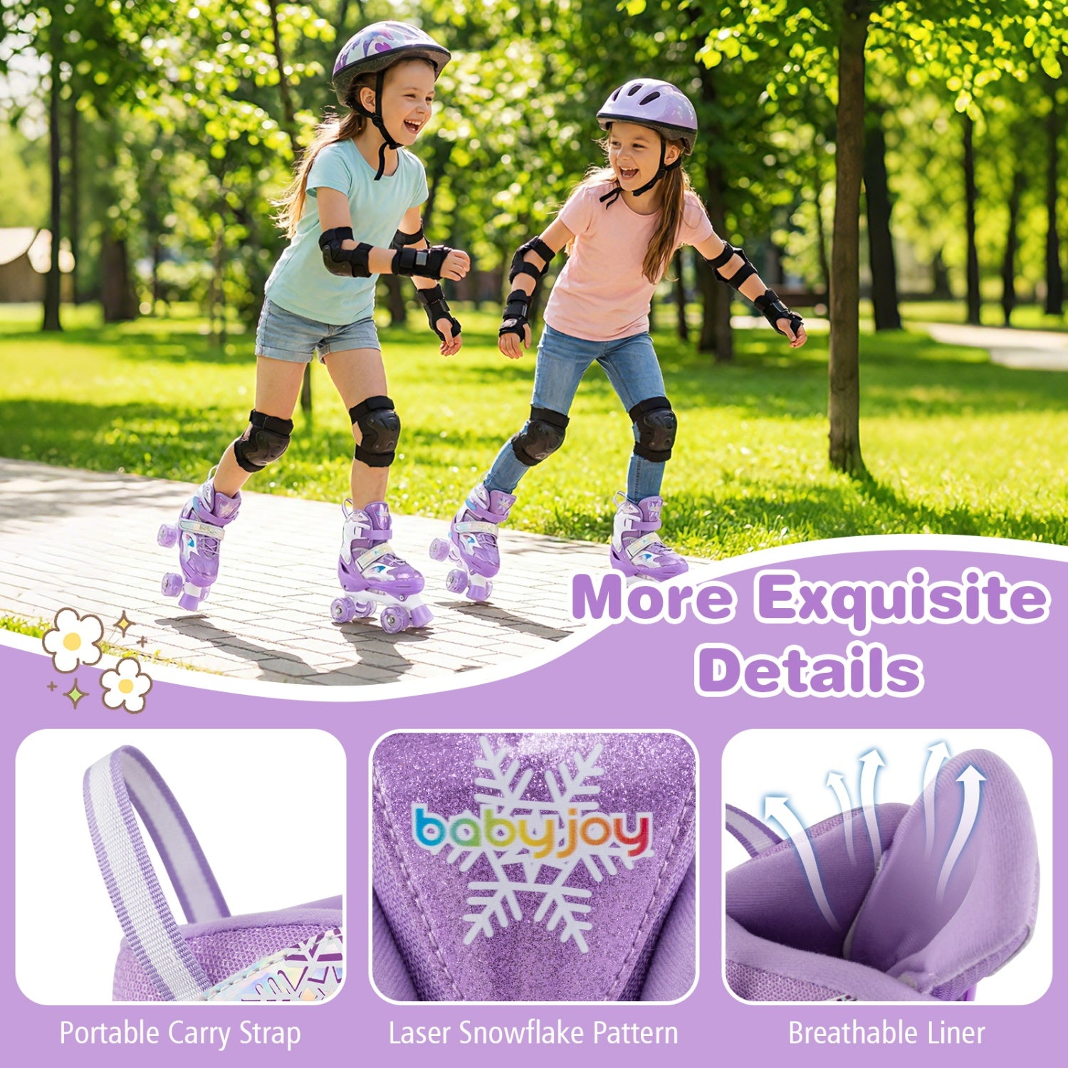 Two children rollerblading in a park with product details overlay.