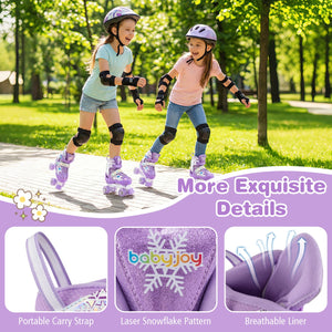 Two children rollerblading in a park with product details overlay.