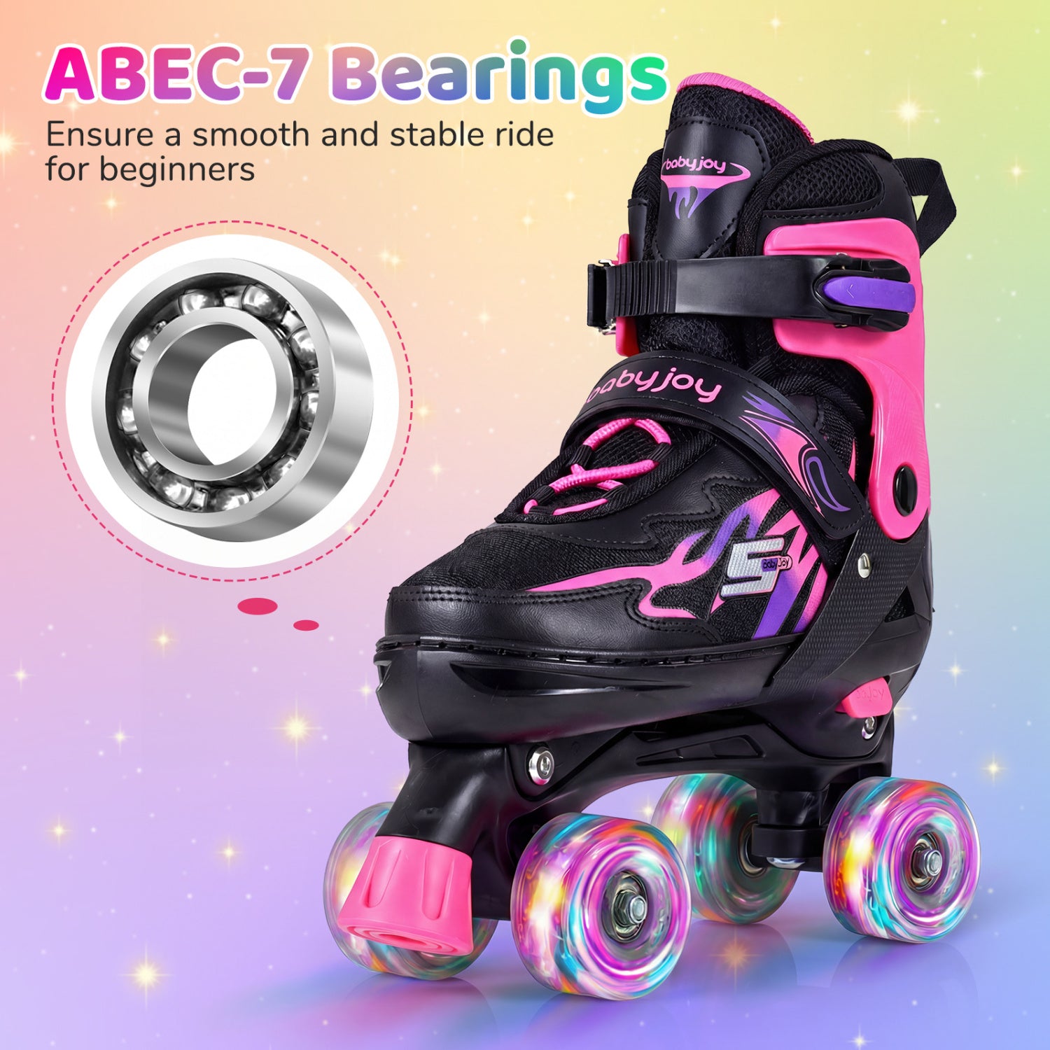 Black and pink roller skate with ABEC-7 bearings on a colorful background