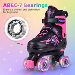 Black and pink roller skate with ABEC-7 bearings on a colorful background