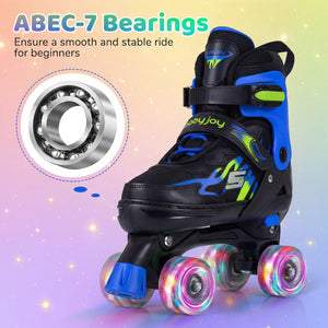 Black roller skate with colorful wheels and ABEC-7 bearings on a gradient background