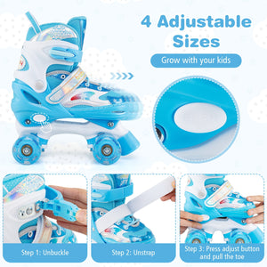 Blue and white adjustable roller skates with size adjustment features on a white background