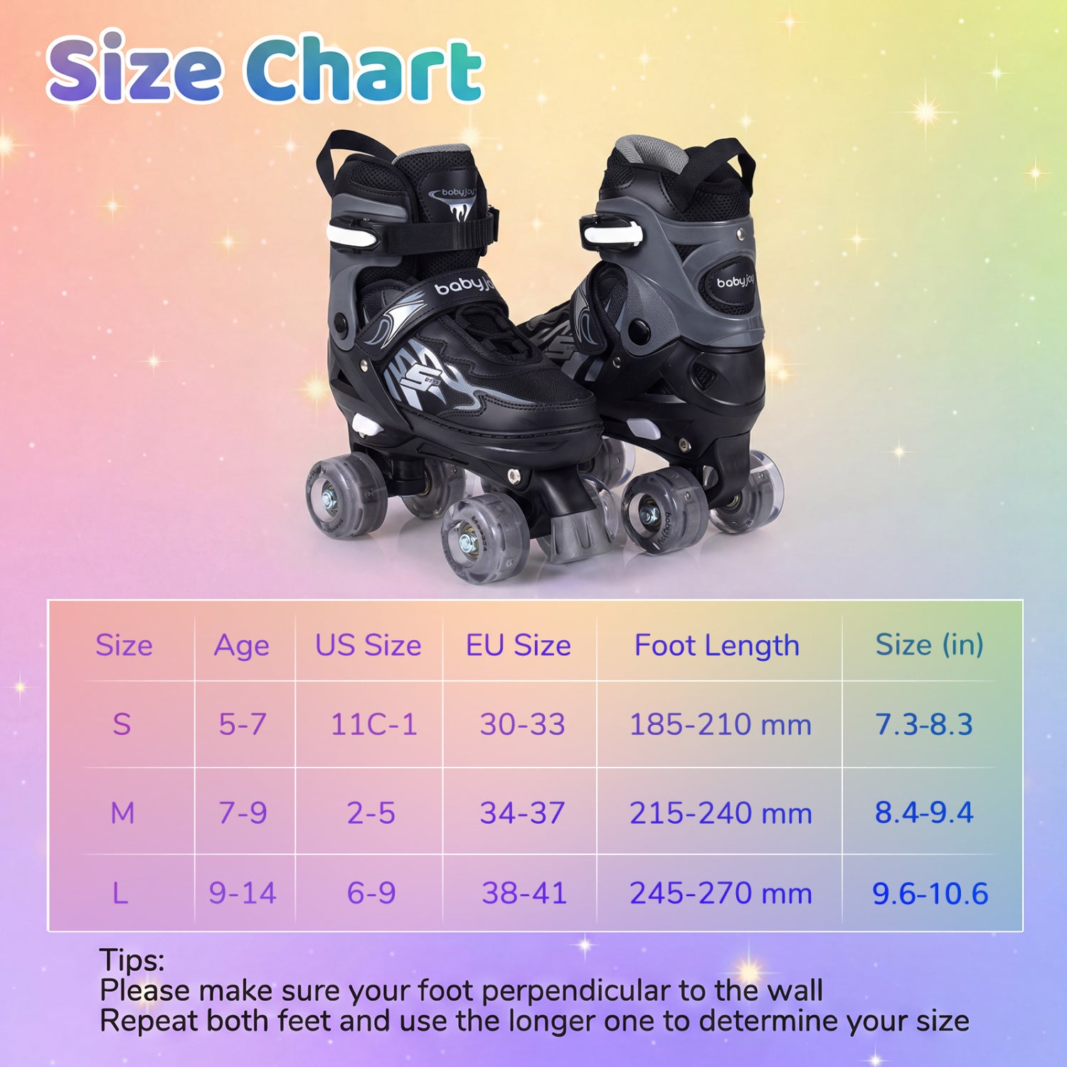 Size chart for roller skates with a colorful gradient background