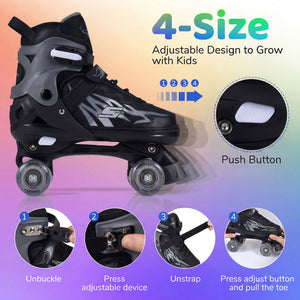 Black adjustable roller skate with size guide and feature illustrations on a gradient background