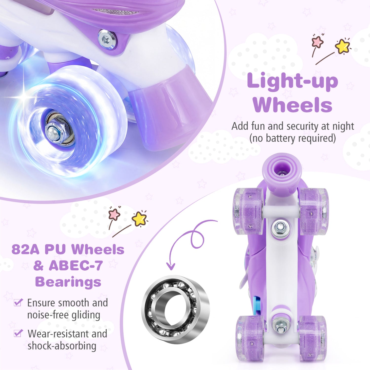 Purple roller skates with light-up wheels and detailed specifications on a white background
