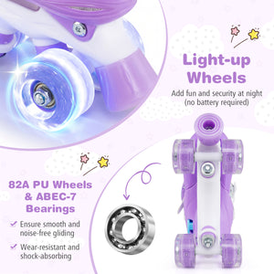 Purple roller skates with light-up wheels and detailed specifications on a white background