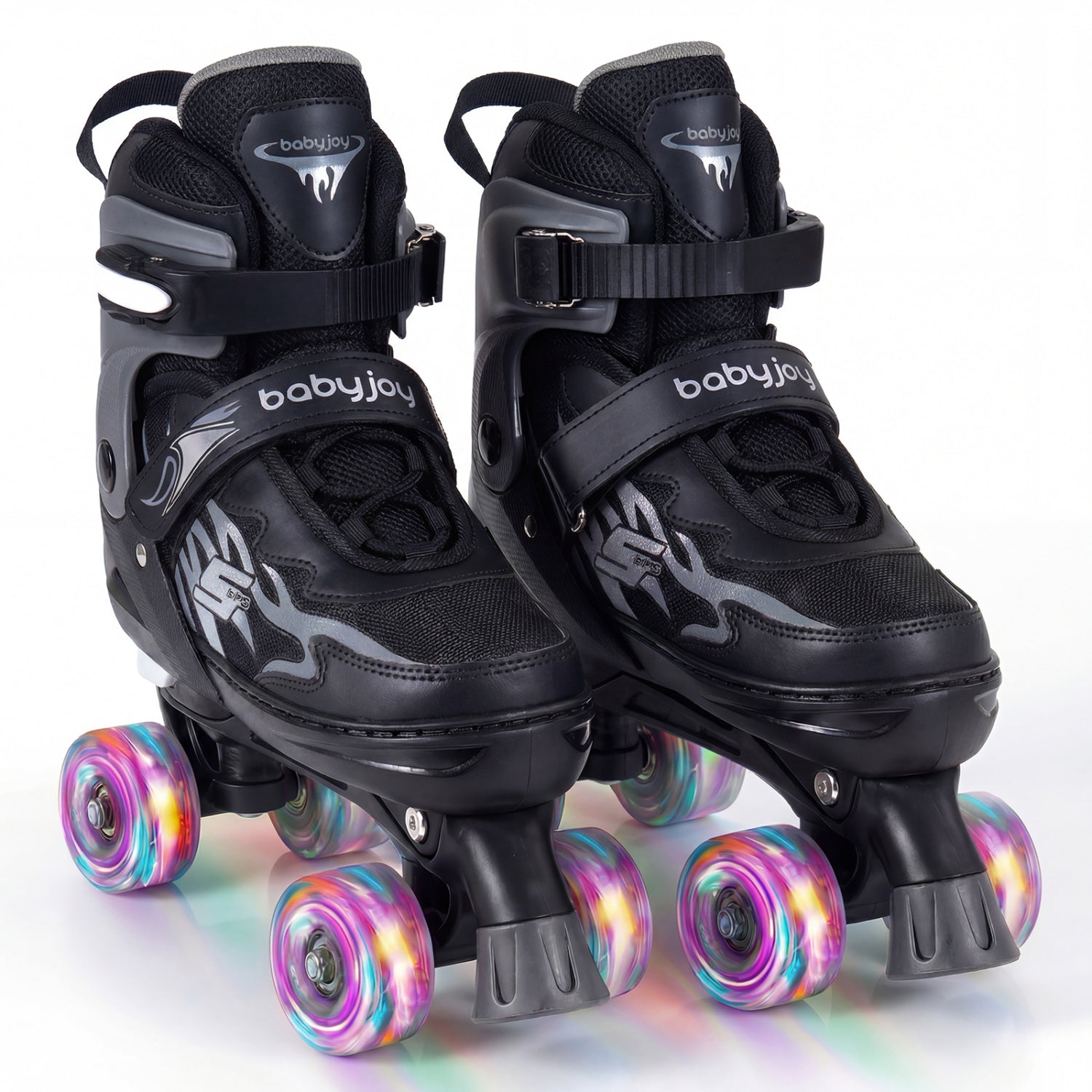 Black roller skates with colorful wheels on a white background