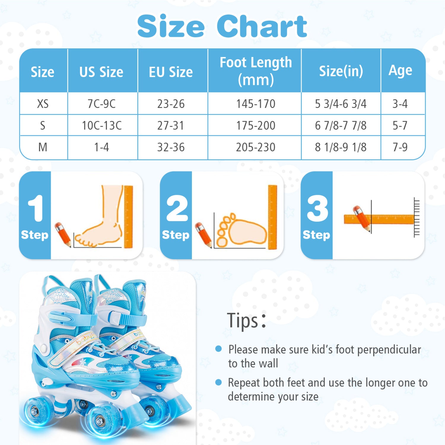 Size chart for roller skates with measurements and tips on determining size.