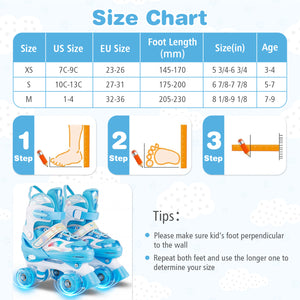 Size chart for roller skates with measurements and tips on determining size.