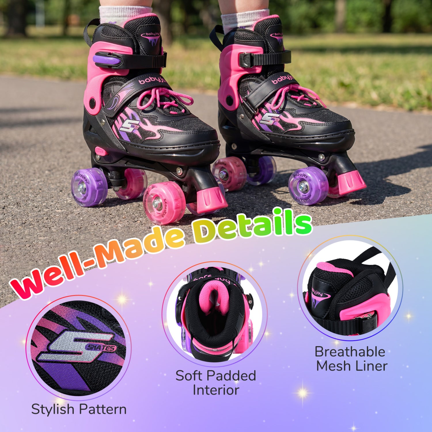 Black and pink roller skates with purple and pink wheels on a road, featuring 'Well-Made Details' text and insets about features.