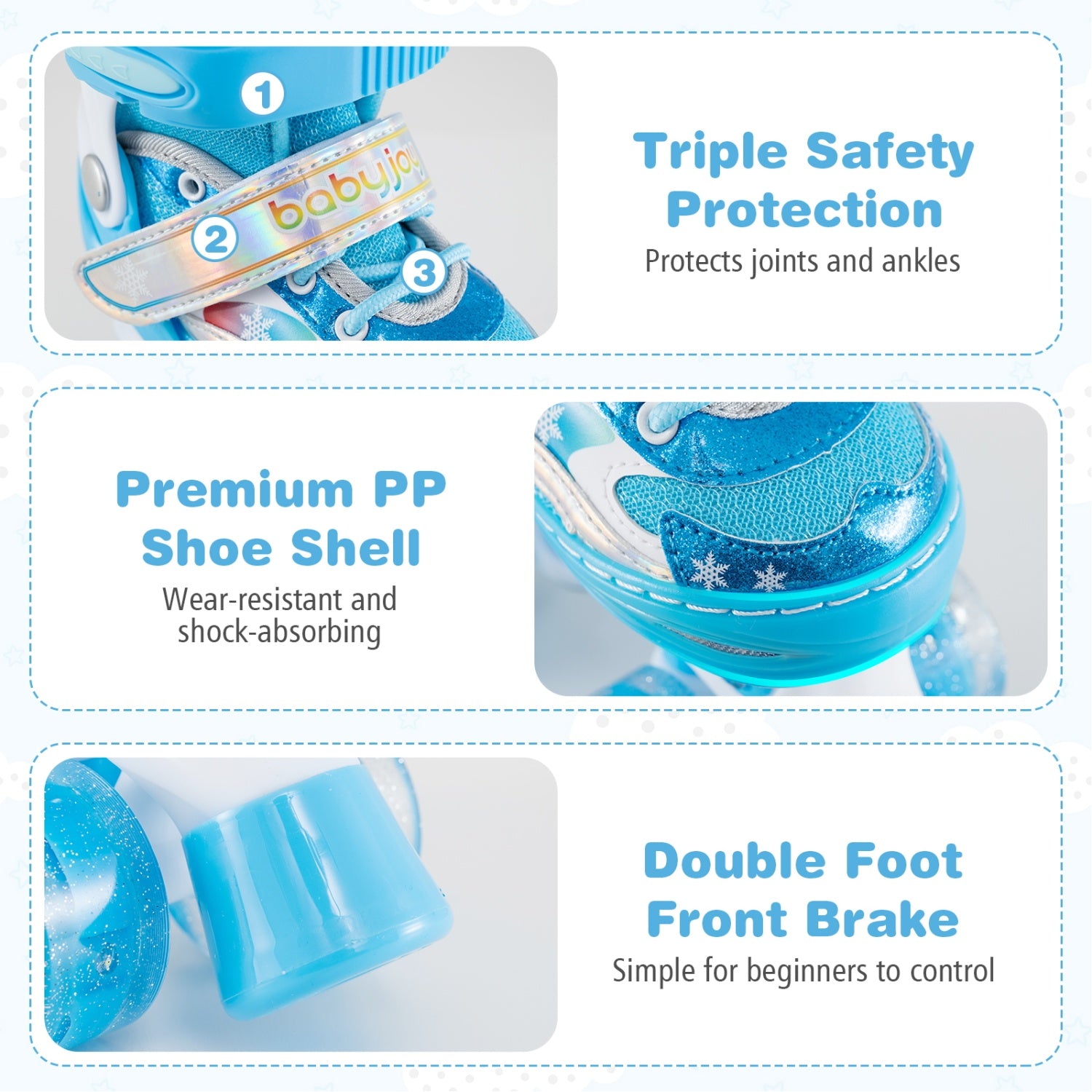 Blue roller skates with features highlighted on a white background