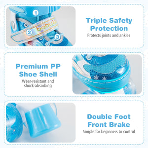 Blue roller skates with features highlighted on a white background