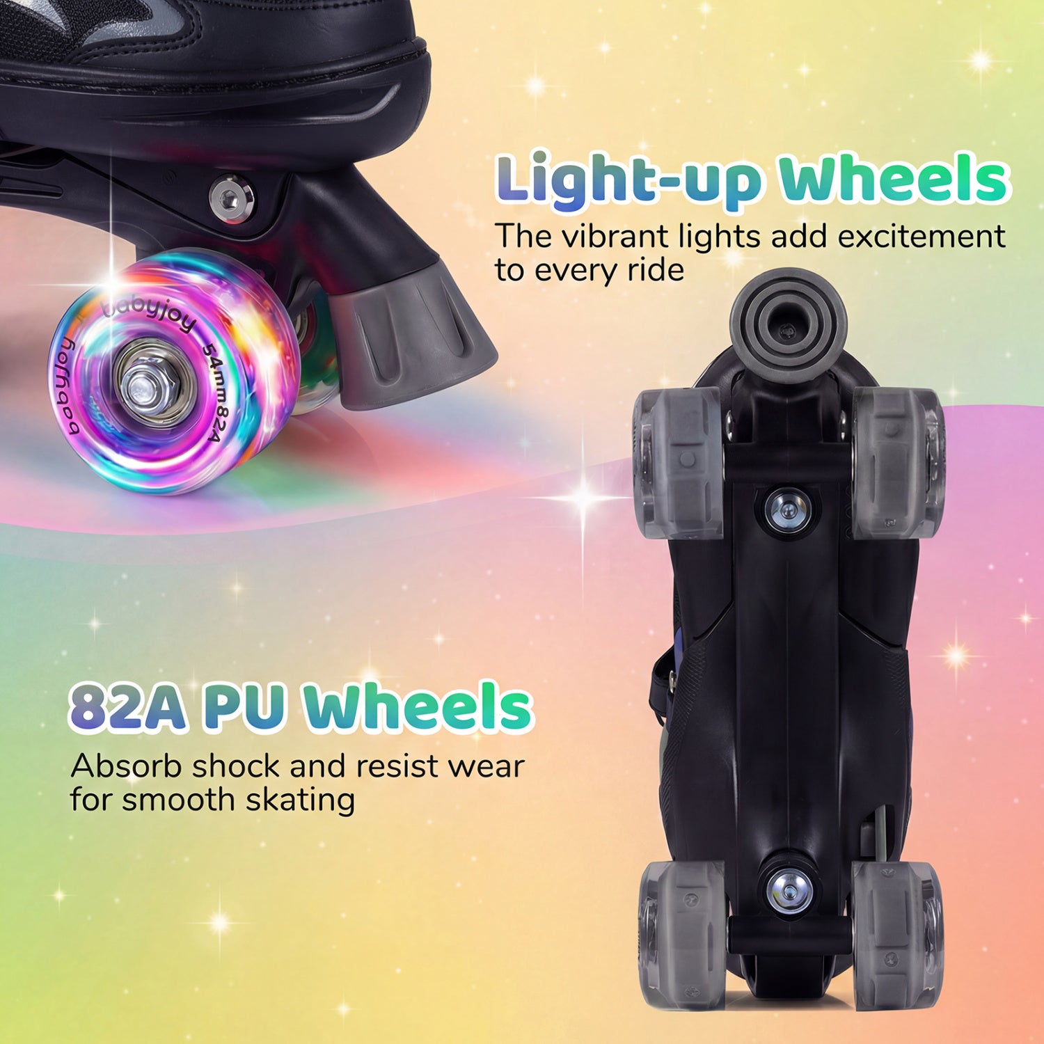 Black roller skates with light-up and 82A PU wheels on a colorful background