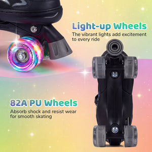 Black roller skates with light-up and 82A PU wheels on a colorful background