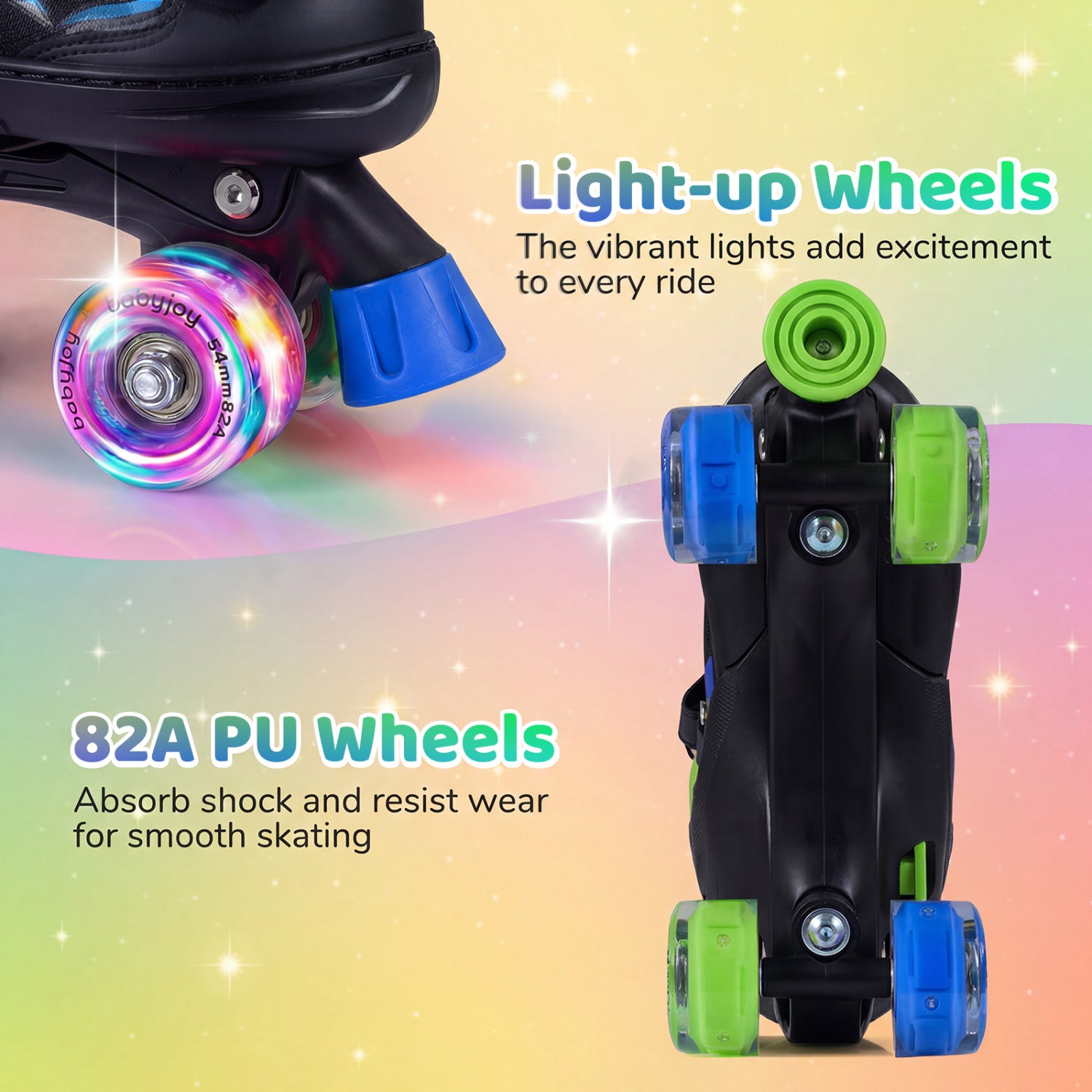 Roller skates with light-up and 82A PU wheels on a colorful background