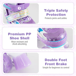 Purple roller skates with safety features highlighted on a white background