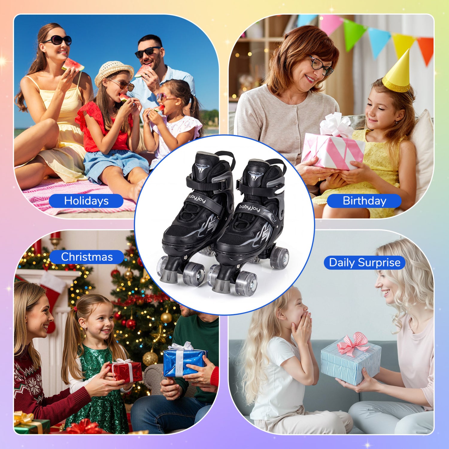 Collage of family moments with roller skates in the center, labeled for holidays, birthday, Christmas, and daily surprise.