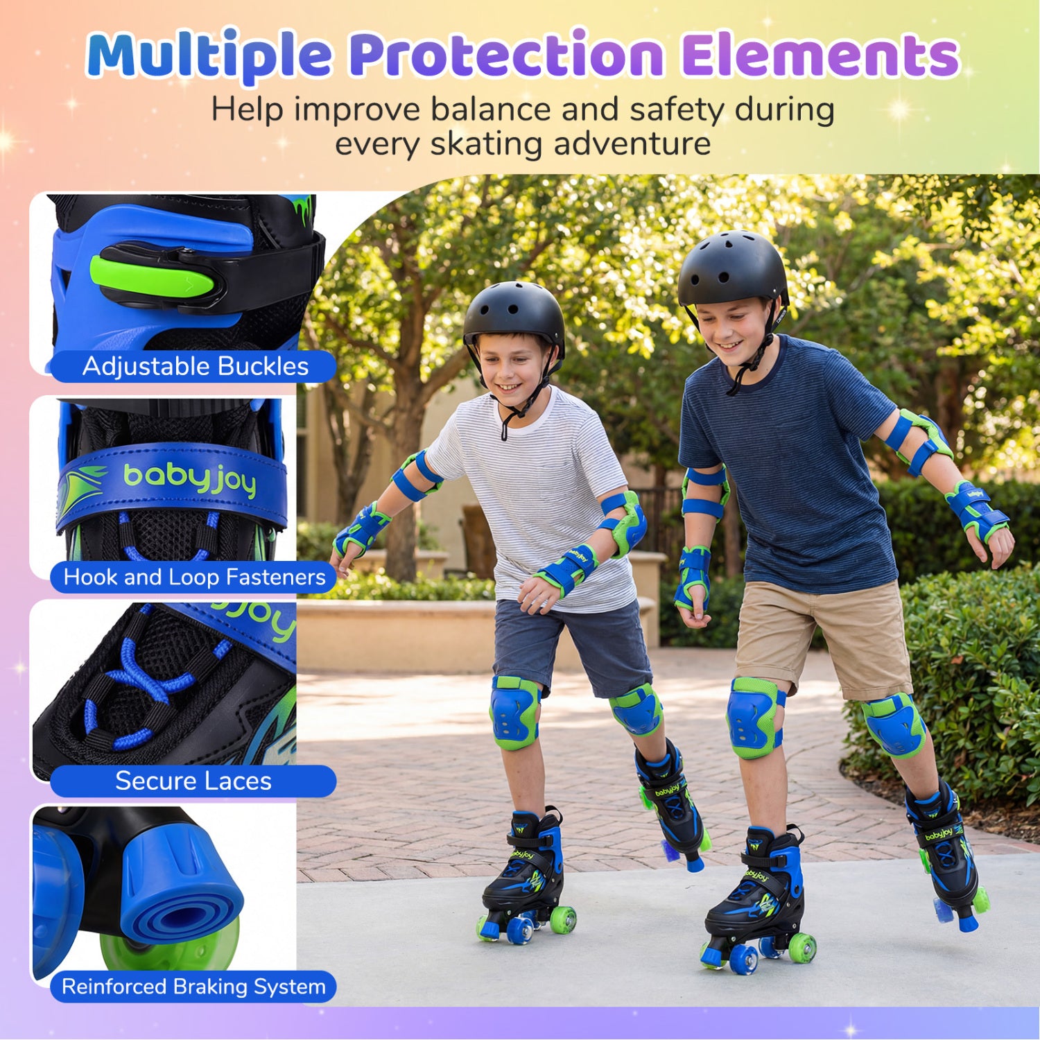 Children wearing roller skates with safety gear, surrounded by text highlighting features like adjustable buckles and secure laces.