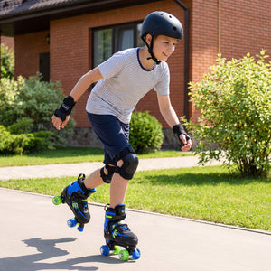 Child rollerblading on a sidewalk with a house and greenery in the background