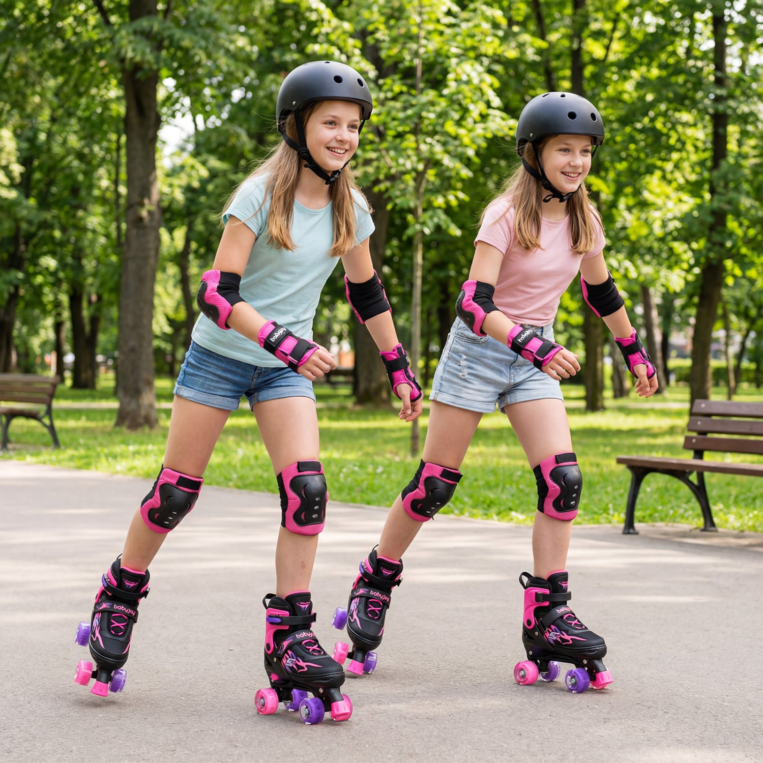 Two young girls rollerblading in a park with trees and benches in the background.