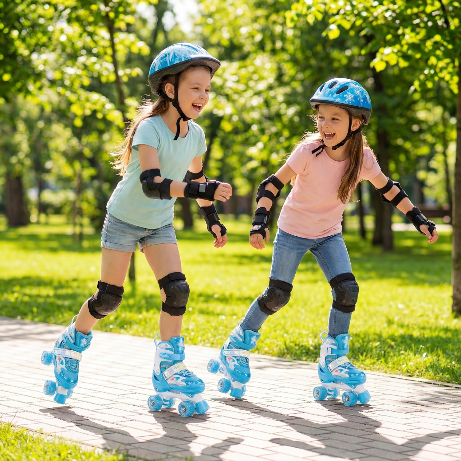 Two children rollerblading in a park on a sunny day.