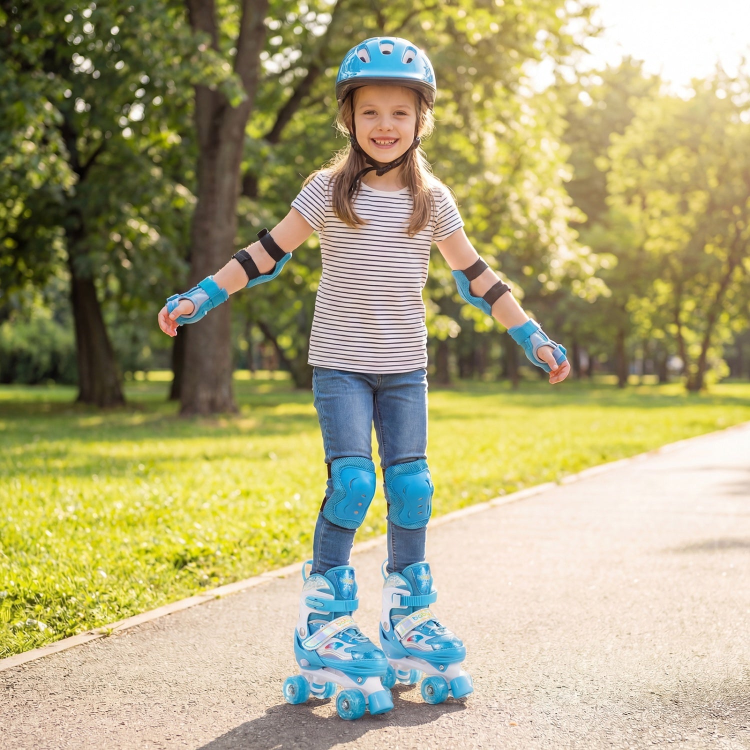 Child wearing roller skates and safety gear in a park