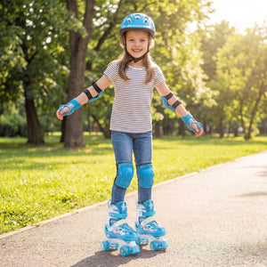 Child wearing roller skates and safety gear in a park