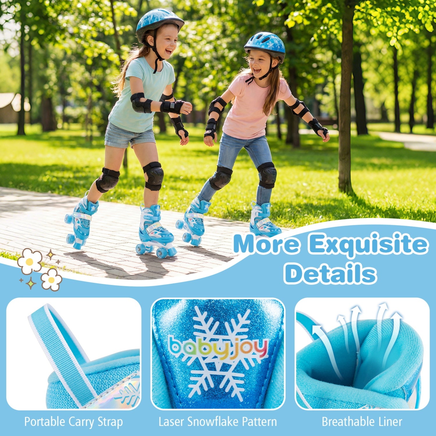 Two children rollerblading in a park with product details overlay.