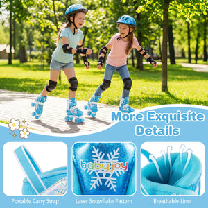 Two children rollerblading in a park with product details overlay.