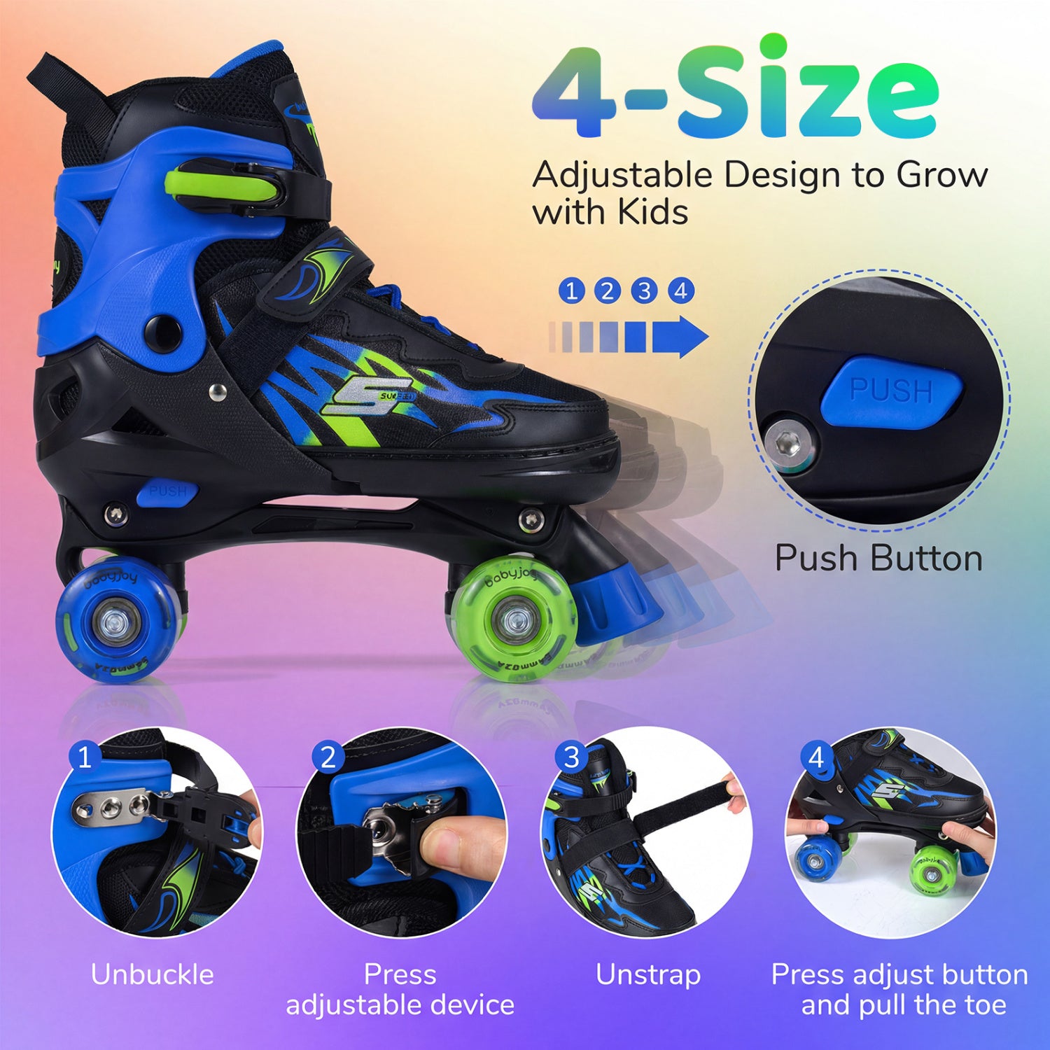 Adjustable roller skate with size indicator and feature illustrations on a gradient background